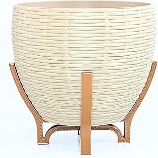 Suporte para plantas com cesto decorativo de chão estilo escandinavo, cor bege e estrutura de metal cobre