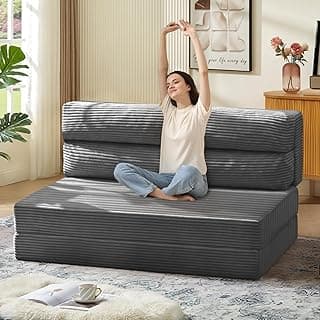 JUIKURY Sofá-cama dobrável, cadeira conversível com colchão dobrável Pilow, sofá 2 em 1, poltrona dobrável, portátil, cama, sofá, sala de estar, quarto (cinza, casal)