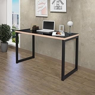 Escrivaninha Industrial 120cm com Tampo de Vidro Preto/Carvalho