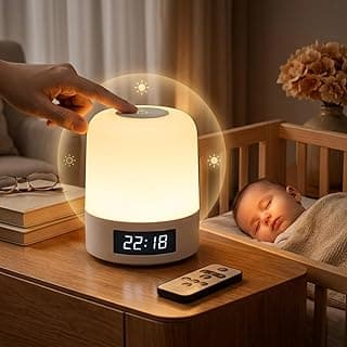 Luminária de Mesa LED Recarregável com Relógio Digital e Controle Remoto, Abajur Touch Ajustavel Sem Fio Portátil, Luz Noturna para Quarto Infantil, Berçário Escritório e Criado mudo
