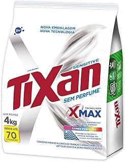 Embalagem de 4Kg de pó de lavagem Ypê Tixan Sensitive, sem perfume, fundo branco, design moderno, selo verde.