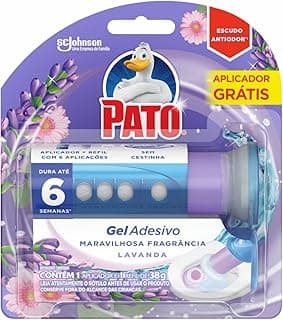 Desodorizador sanitário Pato Gel Adesivo Lavanda com aplicador e seis discos, embalagem roxa e branca.