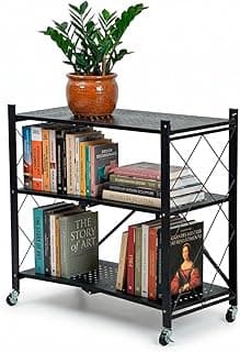 Estante de aço dobrável estilo industrial preto com três prateleiras e livros