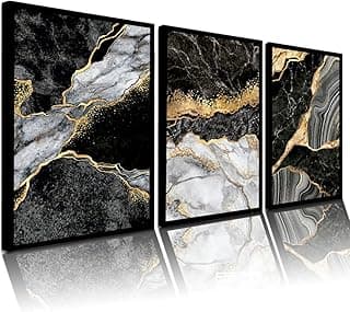 Quadros decorativos de mármore preto e dourado para sala e quarto.