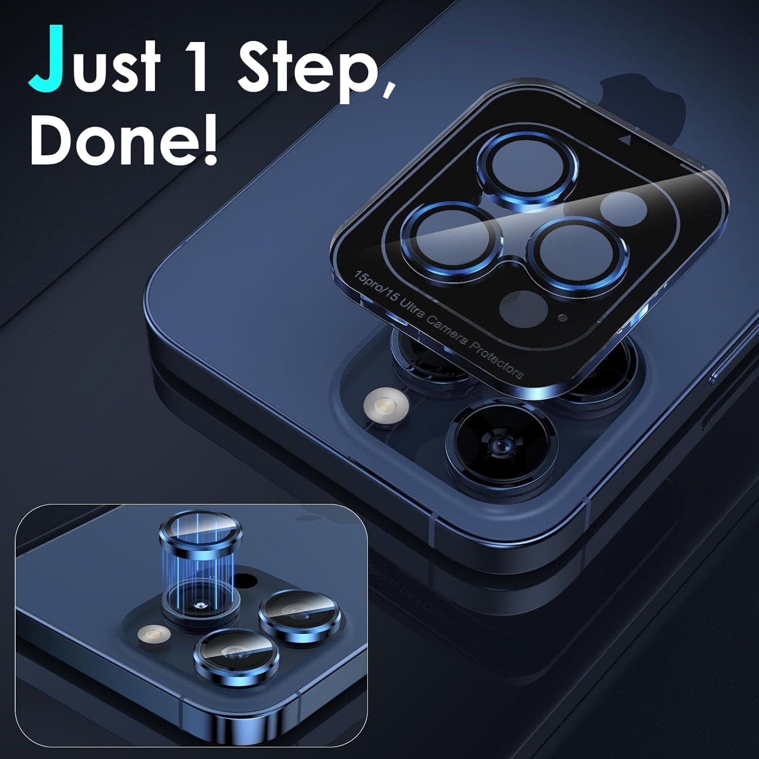 Protetor de Lente YWXTW Iphone 15 Pro/Pro Max com Bandeja de Instalação 1 Passo - Titânio Azul
