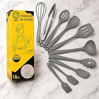 Kit de utensílios de cozinha em silicone cinza X-MATTE, 10 peças, BPA Free, sobre fundo de mármore branco