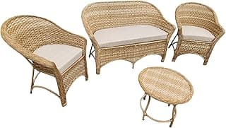 Conjunto de móveis de vime sintético para área externa e interna com três poltronas e mesa de centro