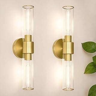 Conjunto de 2 arandelas de parede douradas com iluminação cilíndrica transparente para banheiro