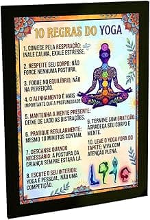 Quadro decorativo 10 regras do yoga com silhueta e chakras coloridos