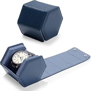 Caixa de relógio hexagonal azul de couro de luxo para viagem com compartimento aberto