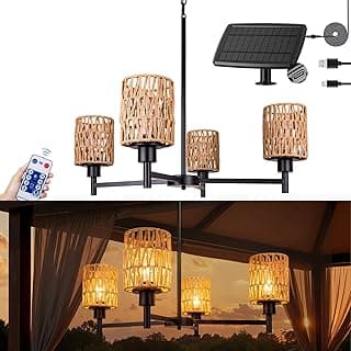 Lustre solar para área externa com 4 luzes pendentes de 28 polegadas, à prova d'água, regulável, vime