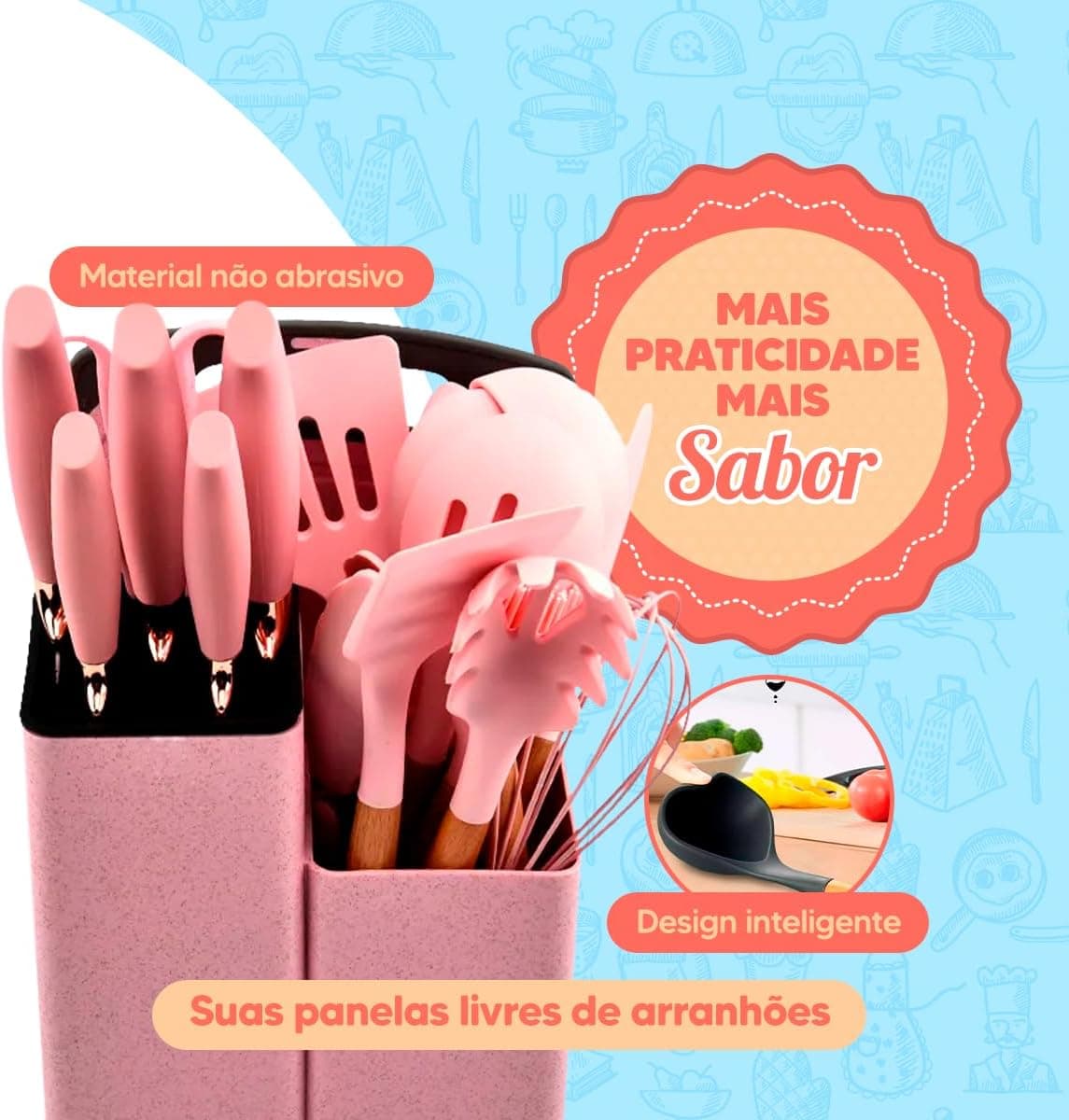 Utensilios para Cozinha Silicone Kit com 19 Peças Cabo Madeira Conjunto Completo Espátula Concha Colher Jogo Suporte Faca Antiaderente Tabua Tesoura Faqueiro (VERDE 02)