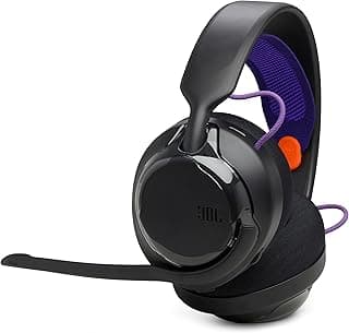 Fone de ouvido JBL Quantum 250 com microfone removível, preto com detalhes púrpura e laranja