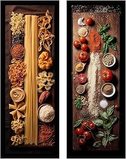Kit de quadros decorativos para cozinha com moldura preta e vidro, contendo imagens de massas e ingredientes.
