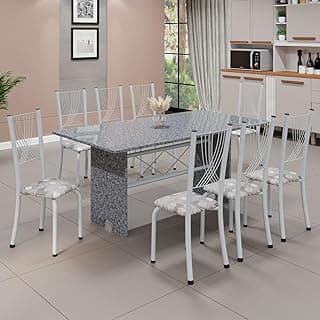 Conjunto de Mesa Tampo de Granito Ocre com 8 Cadeiras Lorena Yescasa Paraopeba/Branco