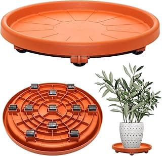 Suporte para vasos com rodas em terracota para jardim, com vaso pequeno e planta verde