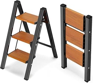 WOA WOA Escada com pedais alargados, banco dobrável com pés antiderrapantes, escada portátil para adultos, escada pequena para cozinha, capacidade de 136 kg (3 degraus, preto e grão de madeira)
