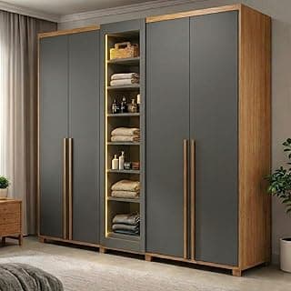 Guarda-roupa de casal Áustria com 5 portas, uma com vidro reflecta e LED, 3 gavetas internas, cinza e cinamamo.