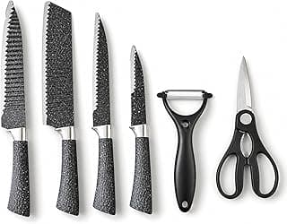 Set de seis facas de cozinha em aço inoxidável com cabo preto e textura granulada