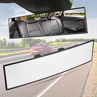 Espelho retrovisor convexo de 30 cm montado no carro, refletindo o interior e a estrada à frente.