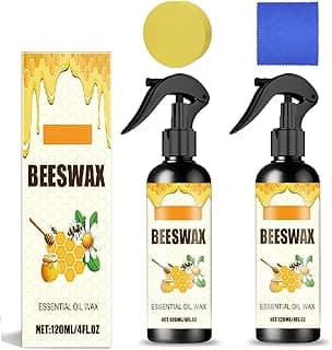 Spray de cera de abelha, 2 peças, embalagem com rótulos brancos e amarelos, fundo branco.