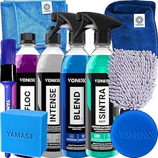 Kit de limpeza automotiva Vonixx com sprays de cera, shampoo e restaurador de plásticos.