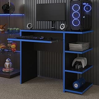 Escrivaninha de computador com gaveta e prateleiras para quarto ou escritório de estudo gamer, preto e azul