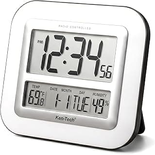 Relógio de parede atômico controlado por rádio branco e preto, mostrando hora, temperatura e umidade.
