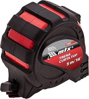 Trena curta MTX 5m x 25mm, fita métrica profissional com estojo em plástico resistente e três pontos de fixação, cor preta com detalhes em vermelho e cinza.