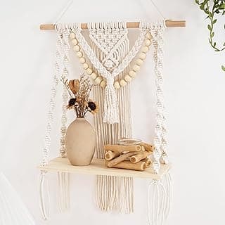 Prateleira de parede de macramê nível 1, decoração de prateleira boho feita à mão, decoração de parede de macramê, organizador de armazenamento de prateleira de plantas flutuante para