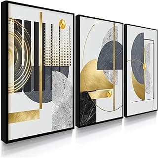 Quadros decorativos abstratos com design geométrico em ouro e preto, moldura preta, fundo branco