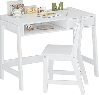 Mesa de estudo infantil branca com gaveta e cadeira, fundo branco