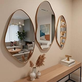 Kit 3 Espelhos Decorativos Orgânicos com Moldura em Couro Caramelo – Para Sala Quarto Hall Cozinha