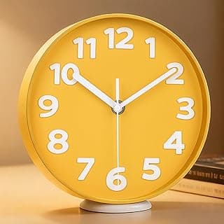 45MinST Relógio de parede moderno amarelo de 20 cm – silencioso, sem tique-taque, números grandes 3D, cronometragem precisa | Relógio decorativo de parede e mesa com suporte para sala de estar, quarto