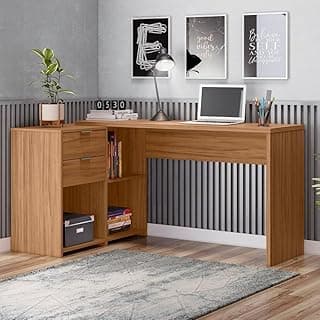 Escrivaninha Mesa de Escritório em Formato L 148,6cm com 2 Gavetas e 3 Nichos Acabamento Freijó Trend Funcional para Home Office e Estudos