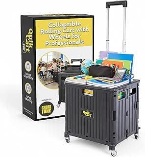 Carrinho dobrável Quik Cart 360 preto com rodas e alça, caixa promocional ao lado