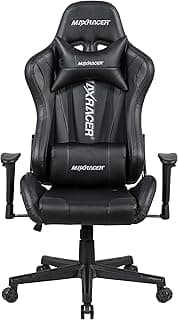 Cadeira gamer preta MAX RACER Skilled, assento e encosto de PVC, almofada cervical e lombar, braços 1D, rodas, base giratória