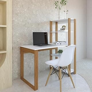 Mesa Escrivaninha c/Estante 4 Prateleiras Licce Freijó/Branco