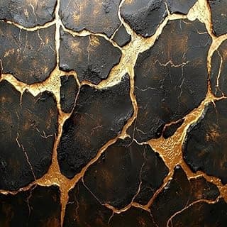 Quadro decorativo estilo industrial com textura envelhecida e rachaduras, preto e dourado, 30x30cm