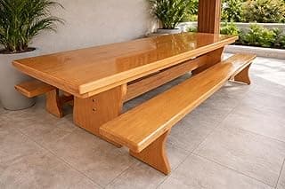 Conjunto Mesa Jantar Rústica Tampo(300cm x 85cm x 6cm) com 2 Bancos Laterais Tampo(300cm X 36cm X 4cm) de Madeira Maciça de Tauari – Pés Formato Taça - 10 a 12 Lugares