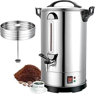 Urna de café comercial grande em aço inoxidável, capacidade para 100 xícaras, com grãos de café e xícara