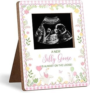 Porta-retrato de chá de bebê com ultrassom e texto 'A NEW Silly Goose IS ALMOST ON THE LOOSE!'