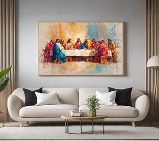 Quadro decorativo Santa Ceia, arte para sala, quarto e escritório, pintura com moldura, cores predominantes azul e vermelho.