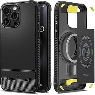 Capa magnética Spigen preta fosco para iPhone 15 Pro com detalhes em amarelo