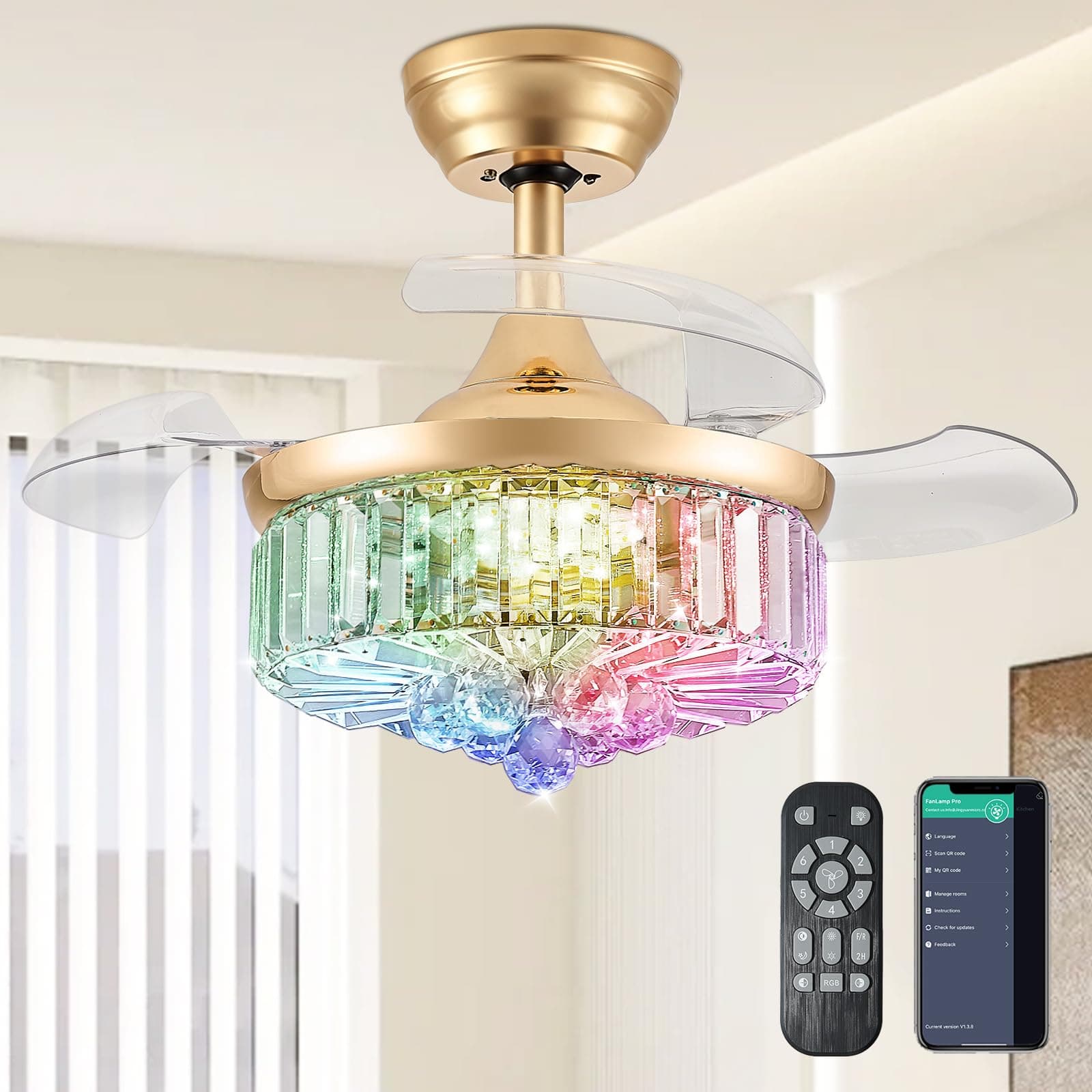 Ventilador de Teto Retrátil com Luz LED RGB 6 Velocidades Lâminas Reversíveis 76cm Dourado Controle Remoto e App