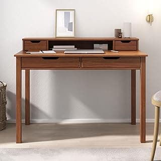 IDIMEX Mesa Escritório Compacta 04 Gavetas e 01 Nicho Retro 115 cm Escrivaninha Home Office Madeira Castanho Verniz Raul