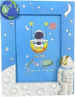 Porta-retrato infantil 3D azul com astronauta e nave espacial