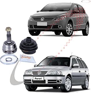 Volkswagen Parati com peças de junta homocinética Cofap, mostrando componentes metálicos e de borracha, fundo branco.
