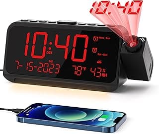 Despertador digital de projeção com LED vermelho, projetando hora na parede, com portas USB e smartphone conectado