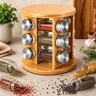 Porta temperos giratório em bambu com 12 potes de vidro e tampas inox